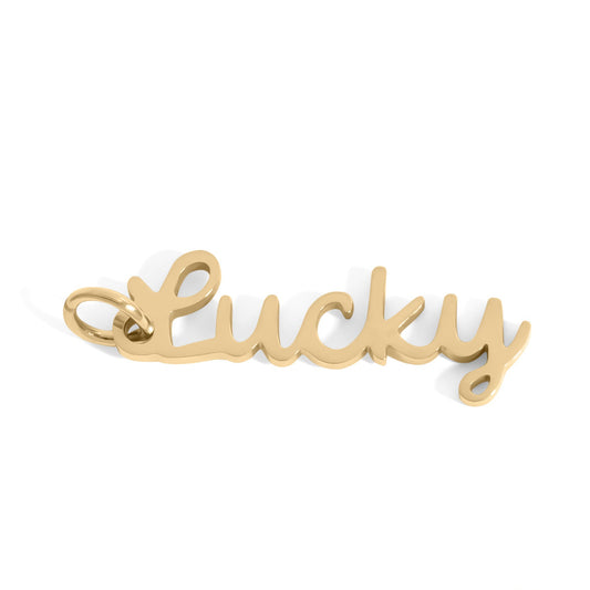 Gold 'Lucky' charm on a white background
